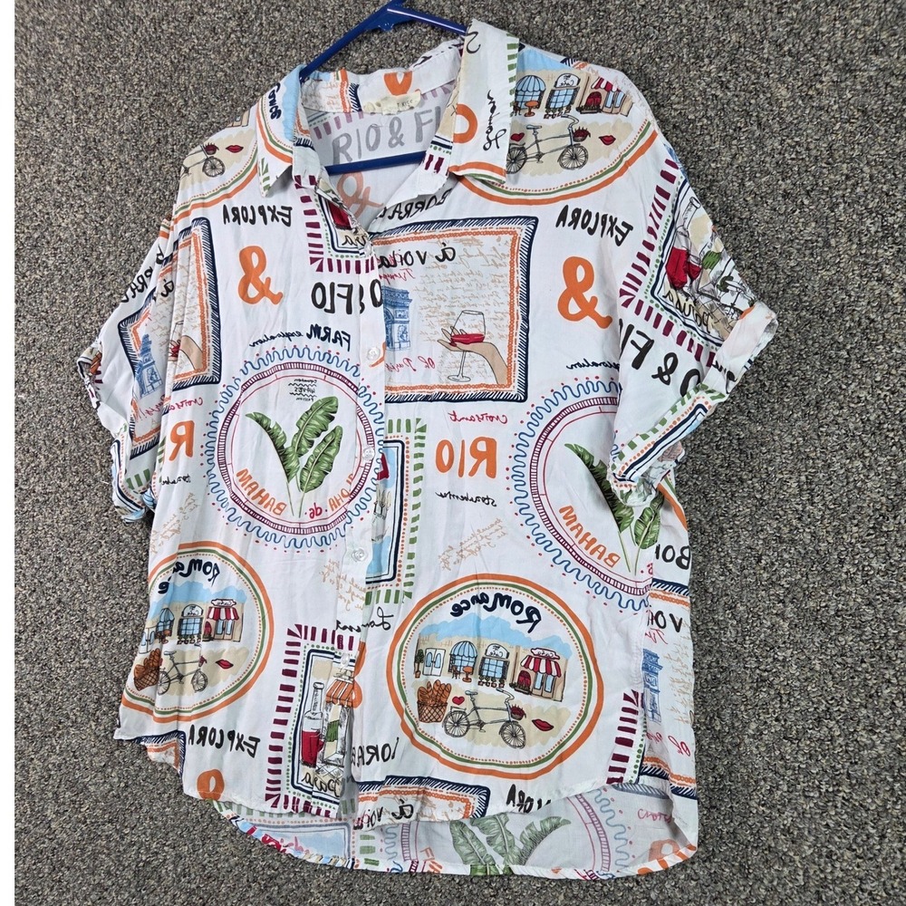 Sunburst Kiss Button Down Womens Large White Travel Novelty Print Rayon Shirt - Picture 4 of 7